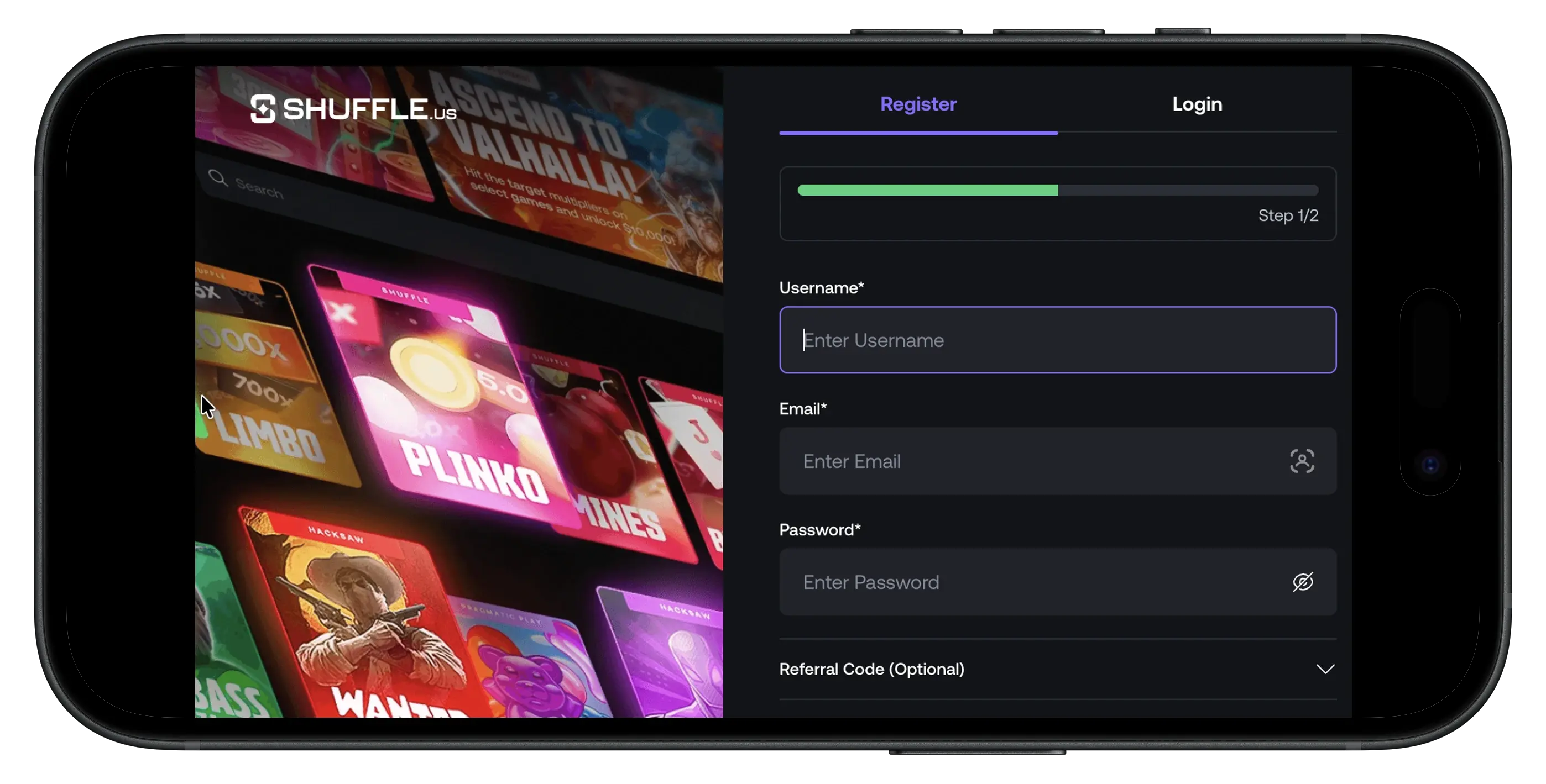 Shuffle.us Social Casino sign up prompt and information.