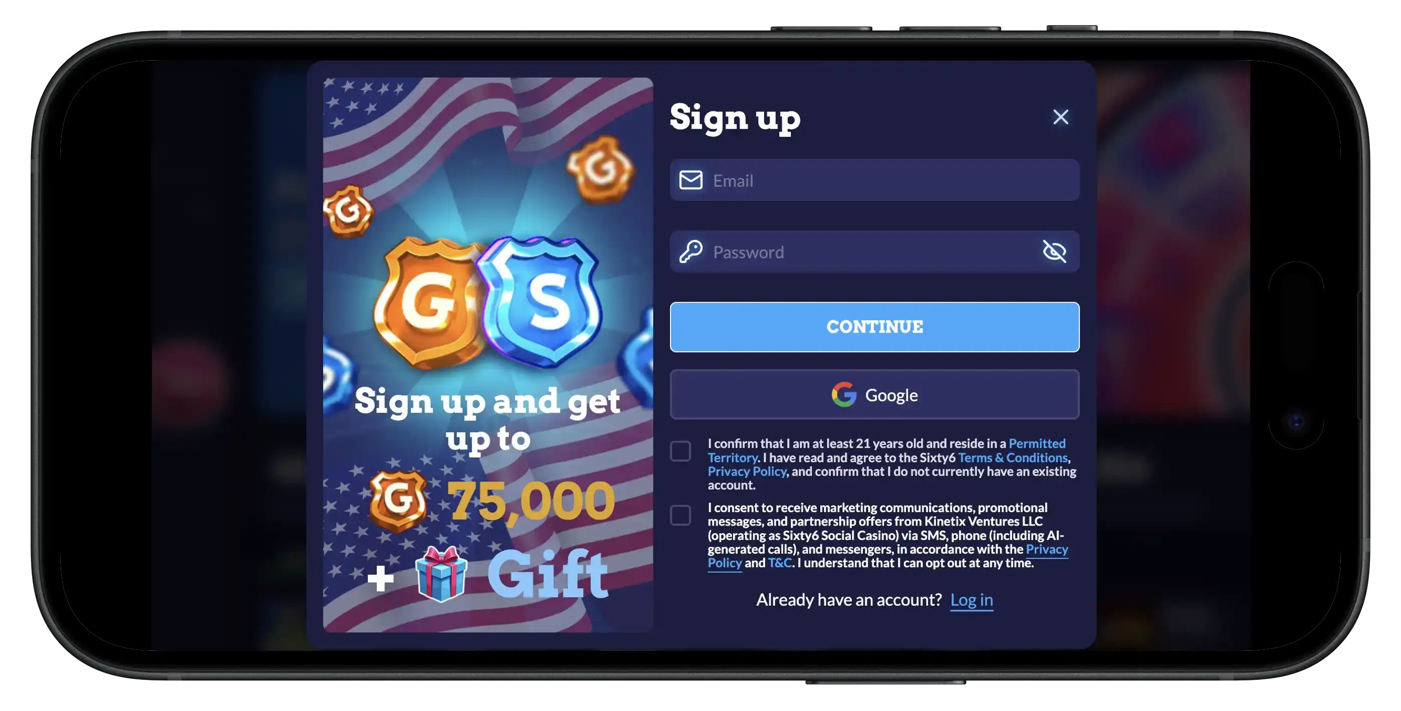 Sixty6 Casino promo code sign up prompt and information.
