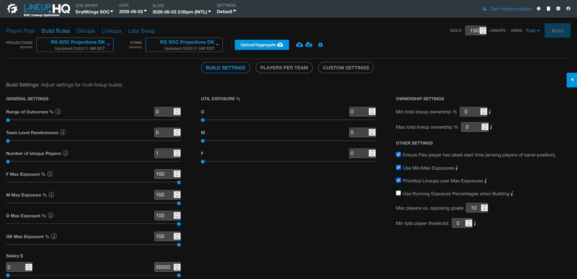 the RotoGrinders soccer DFS optimizer