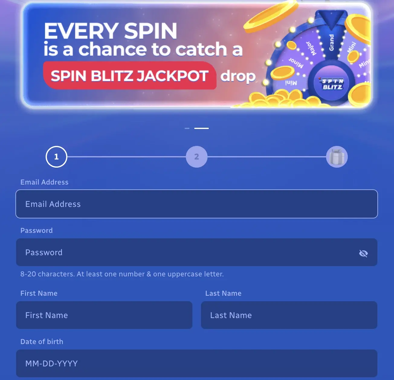 SpinBlitz Sign Up prompt and interface.