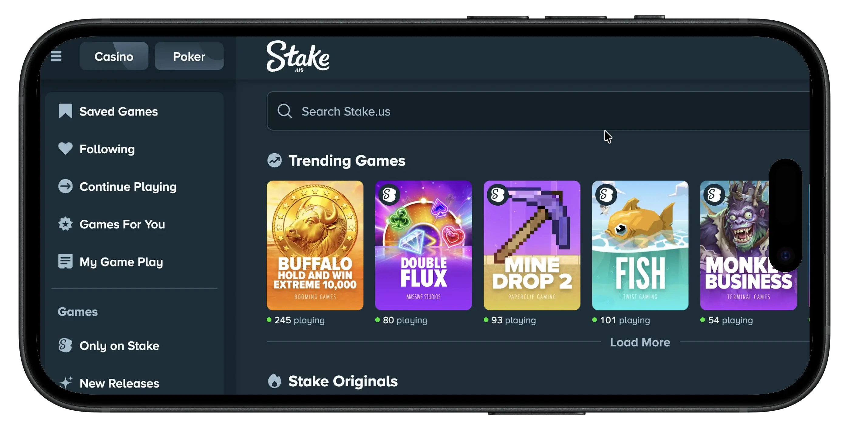 Stake.us social casino homepage interface.