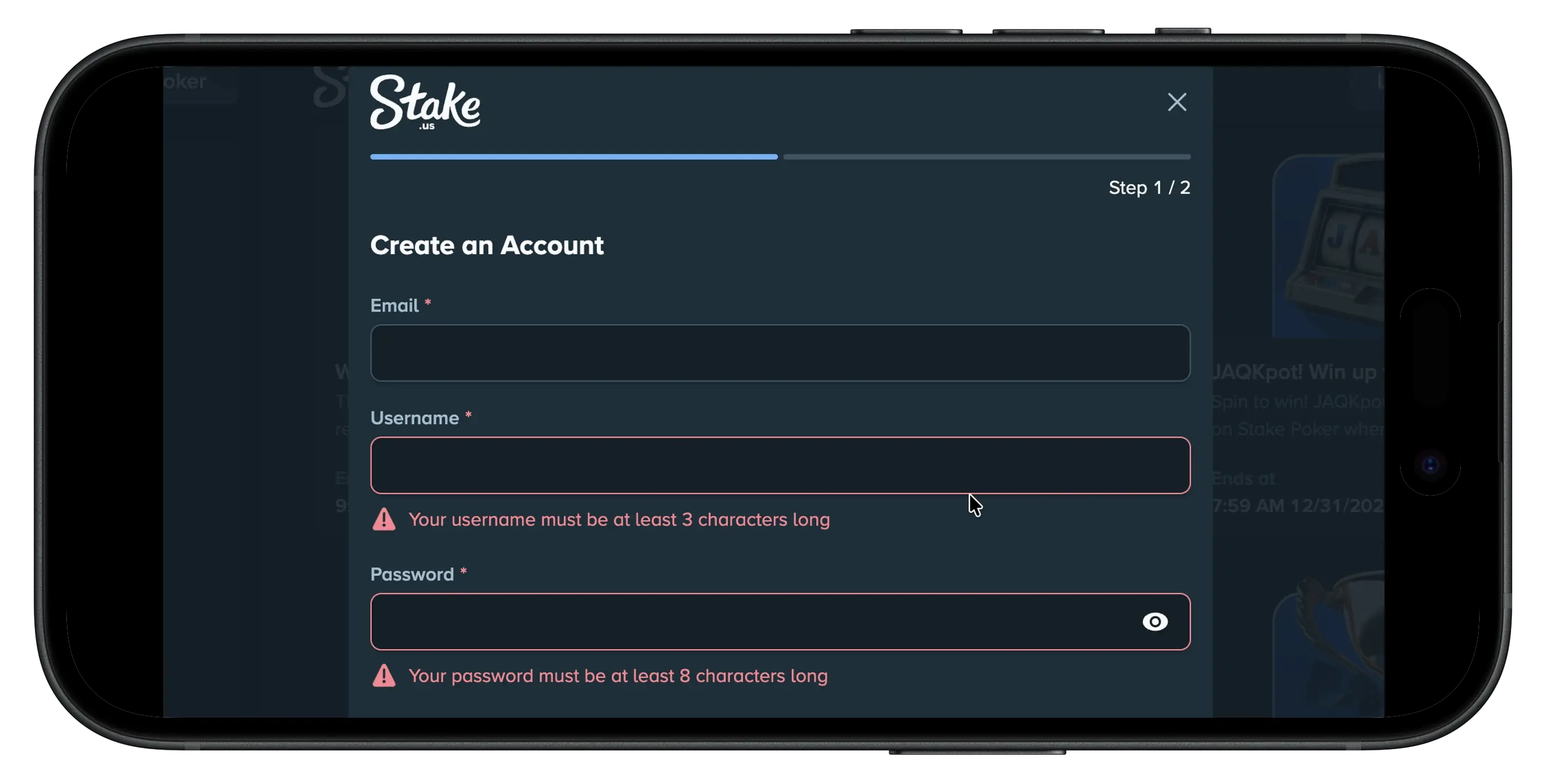 Stake.us promo code sign up prompt and details.