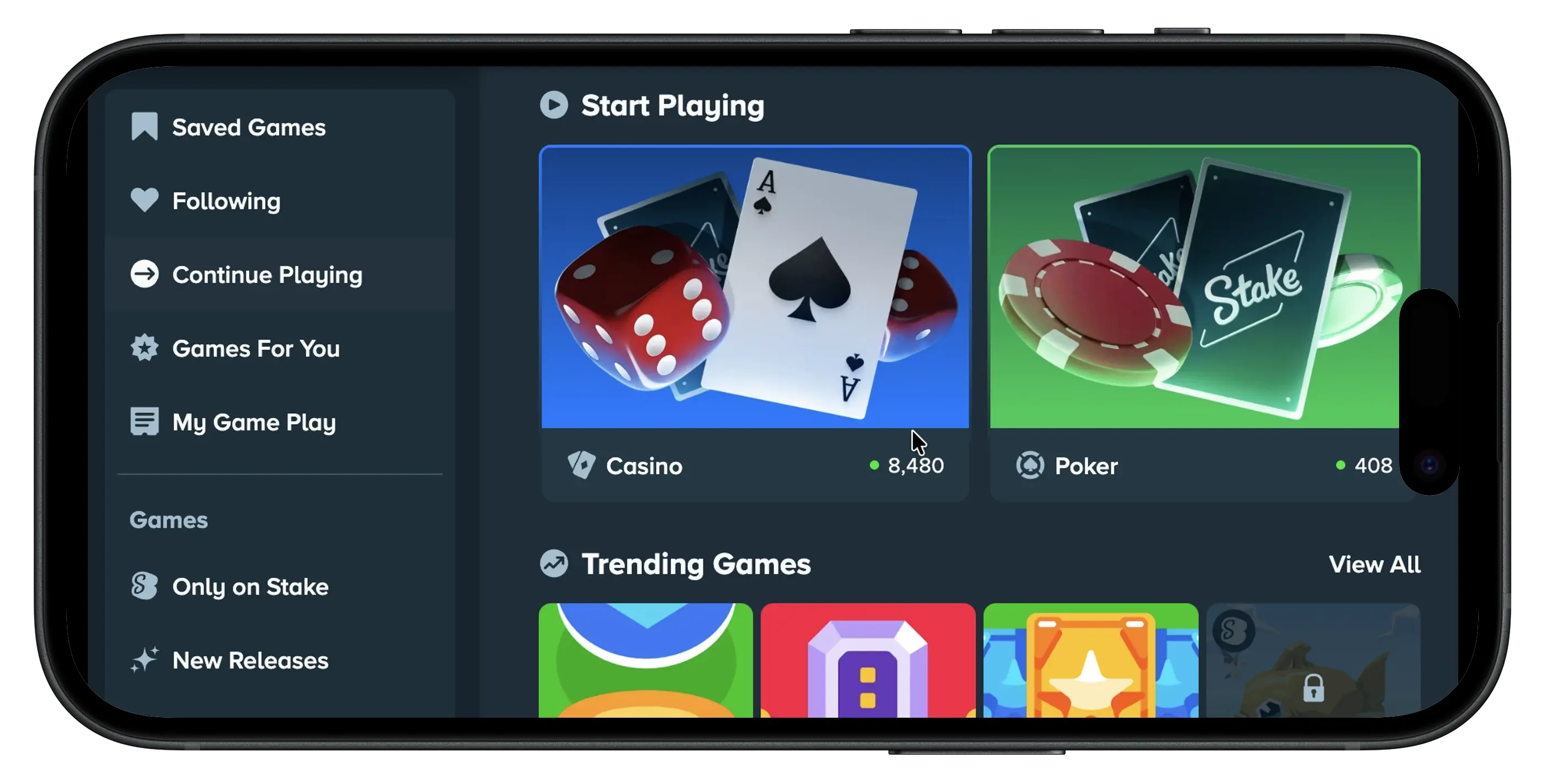 Stake.us Social Casino Start Playing and game options.