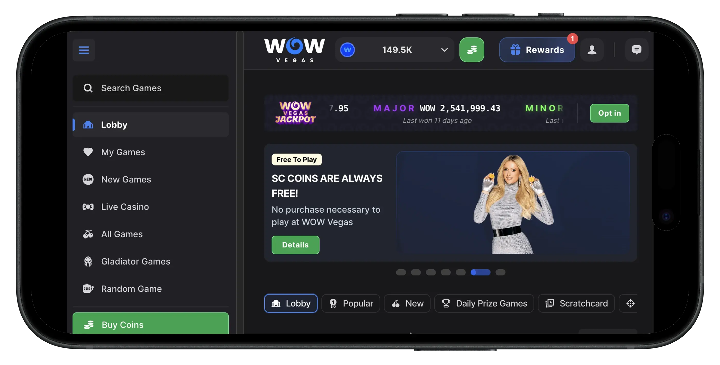 WOW Vegas Social Casino homepage and interface.