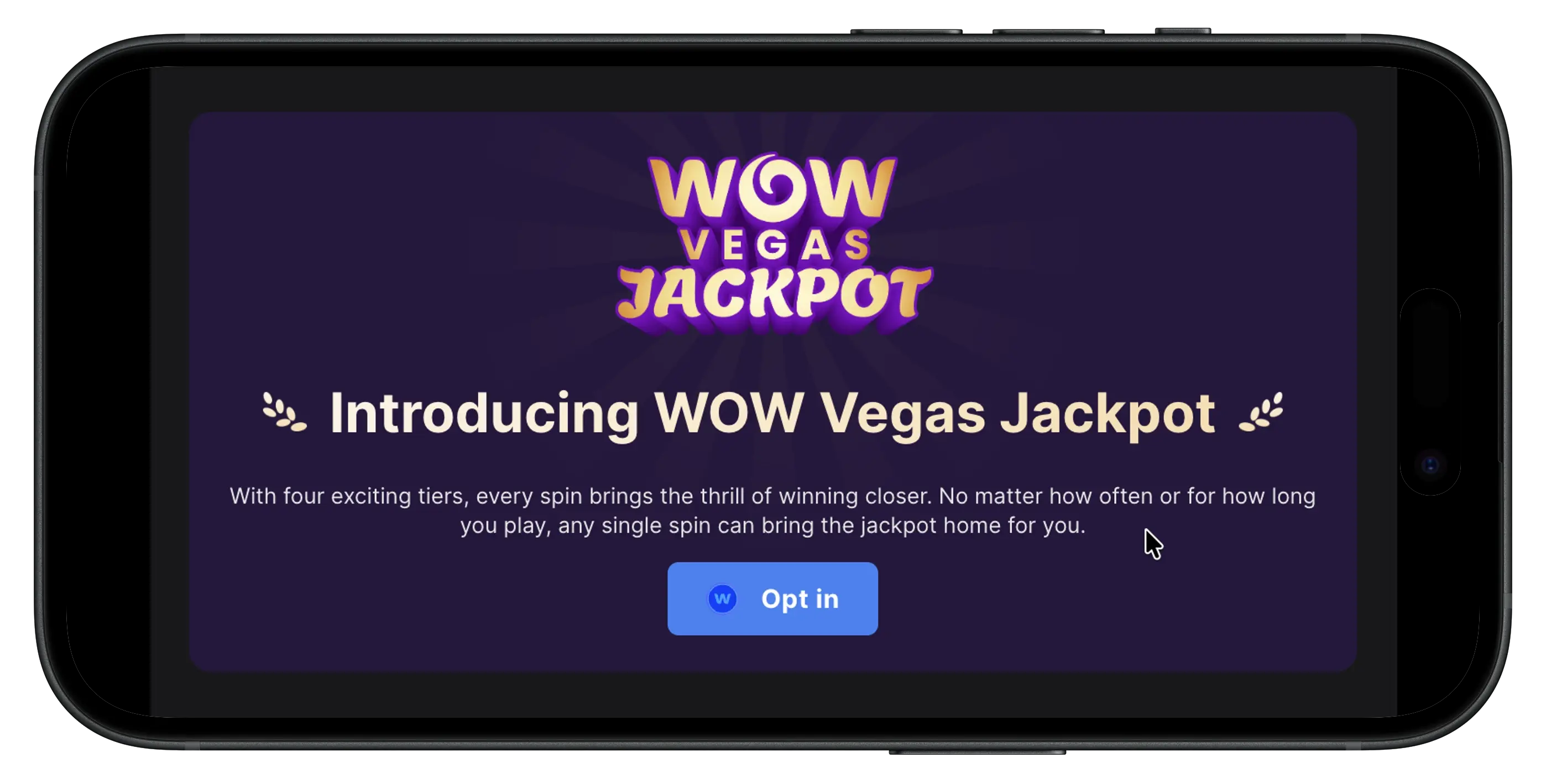 WOW Vegas Jackpot interface where you can opt in.
