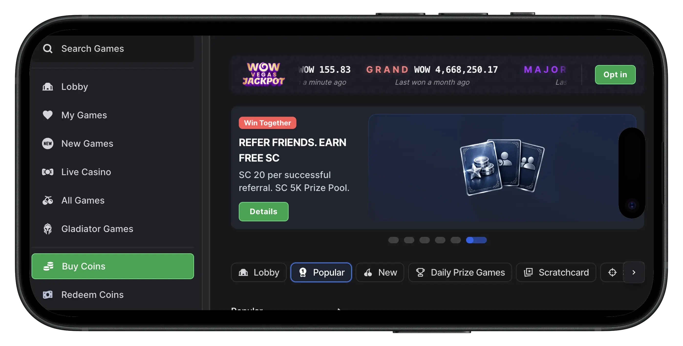 WOW Vegas promo code mobile homepage and interface.