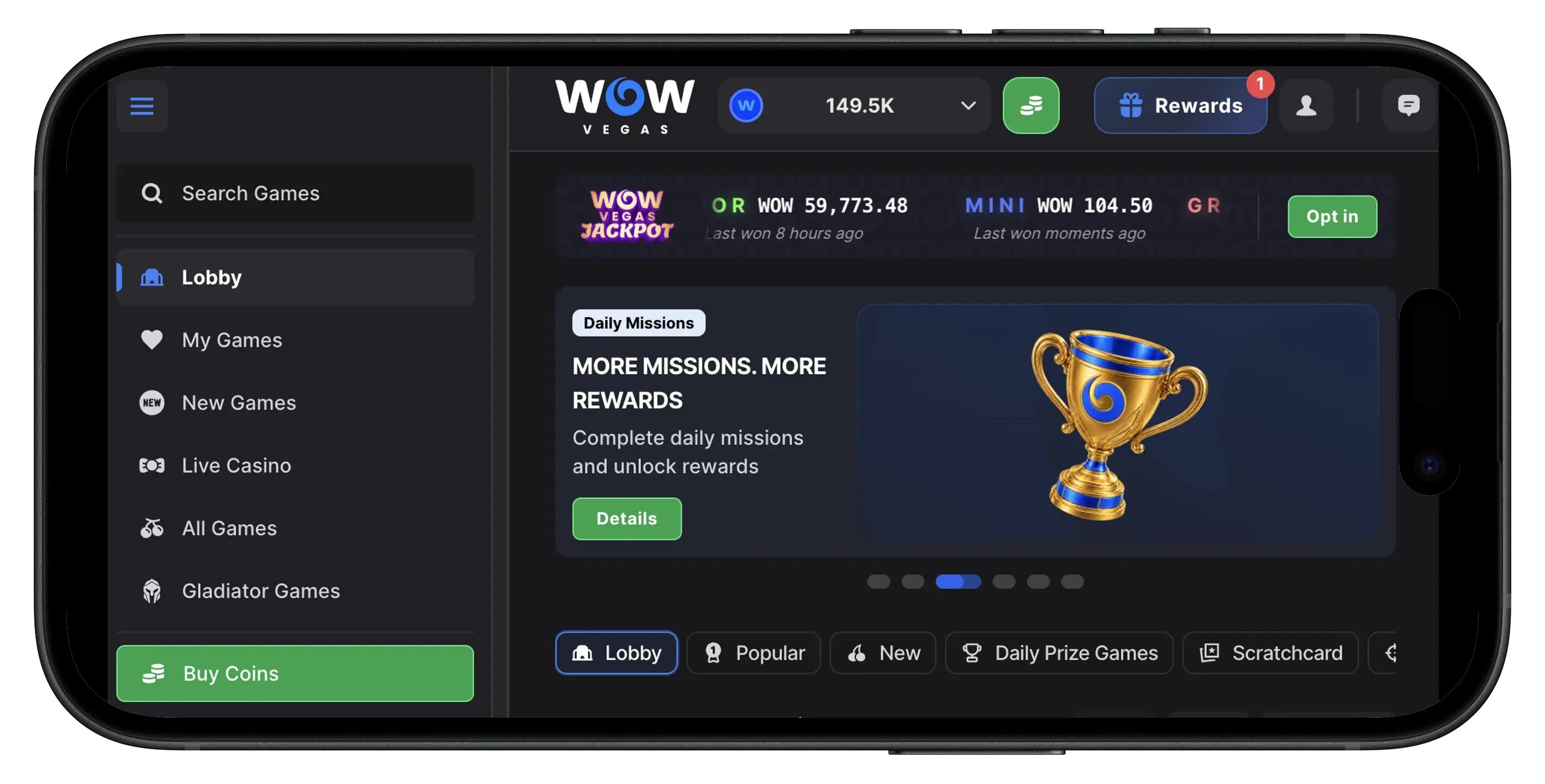 WOW Vegas Social Casino lobby and daily missions.