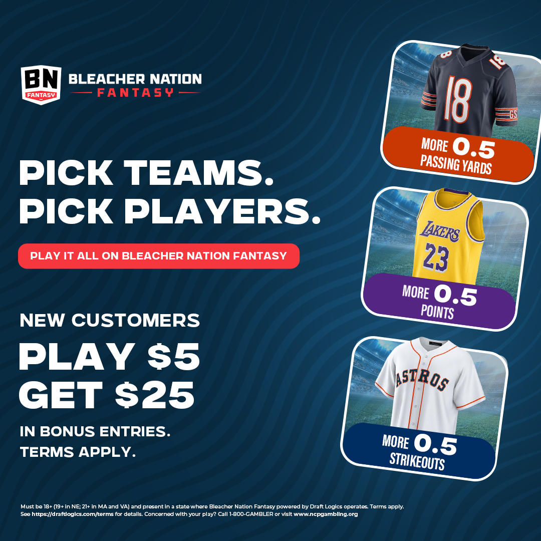 Bleacher Nation Fantasy promo banner reading "Pick teams. Pick players." alongside three player pick cards for more passing yards, points and strikeouts, with a new-customer offer of Play $5, Get $25 in bonus entries.