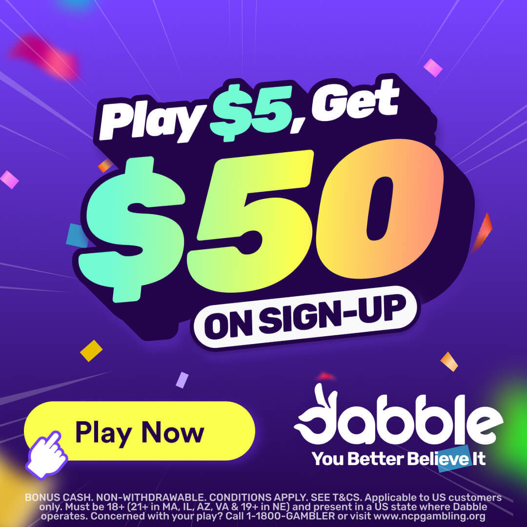 Dabble promo graphic on a purple confetti background reading 'Play $5, Get $50 on Sign-Up' with a yellow Play Now button and the Dabble logo.