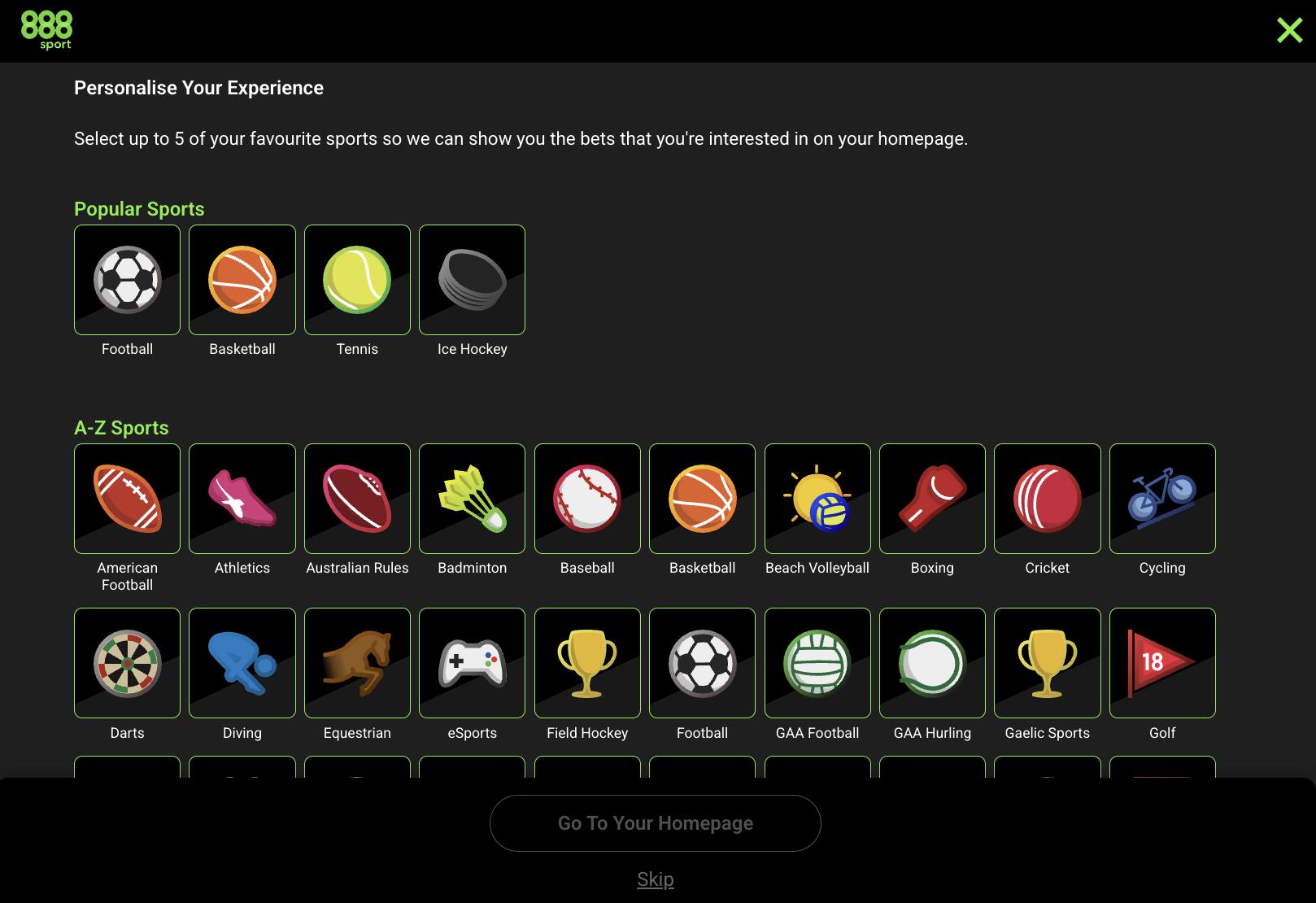 888sport website showing the available sports markets
