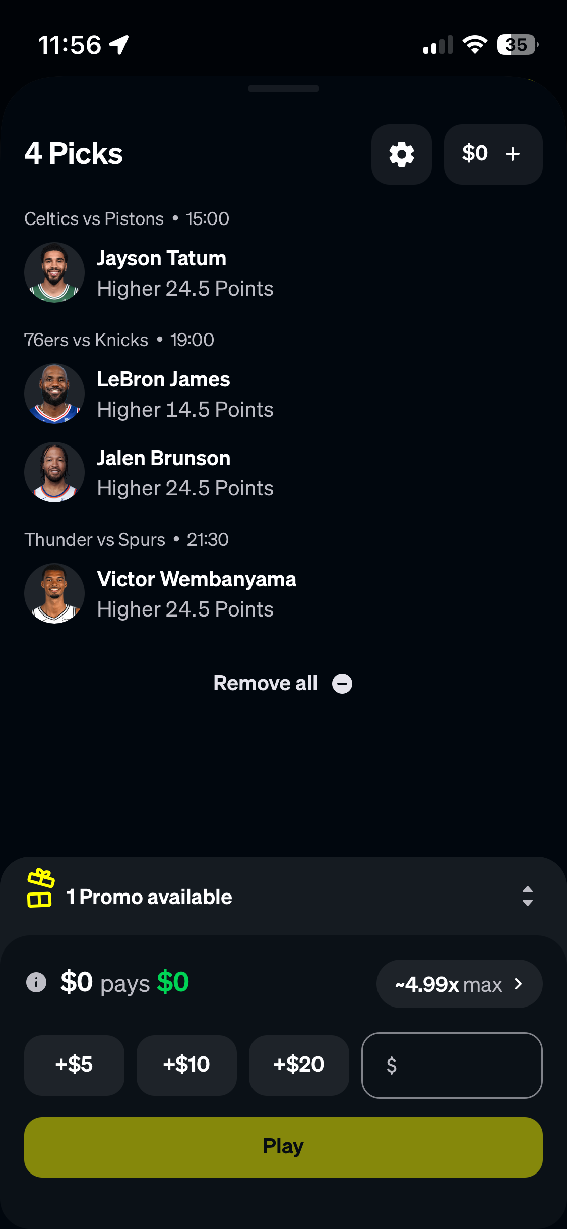 Underdog pick’em slip with four NBA player picks, all on Higher: Tatum 24.5 points, LeBron James 14.5, Jalen Brunson 24.5, and Wembanyama 24.5, with a 1 promo available and a ~4.99x max payout.