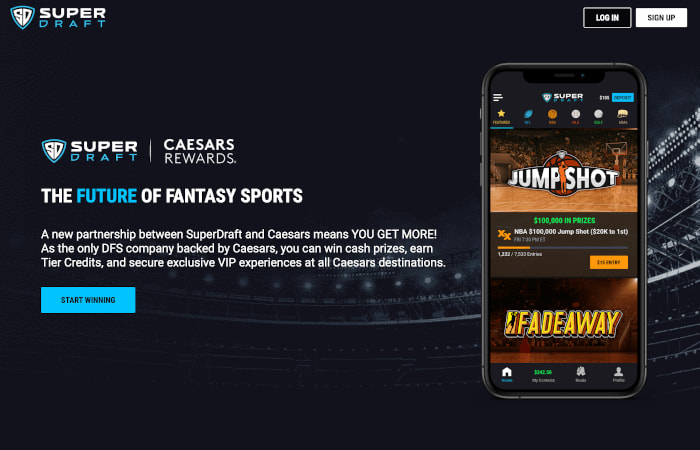 SuperDraft desktop homepage with signup and login buttons