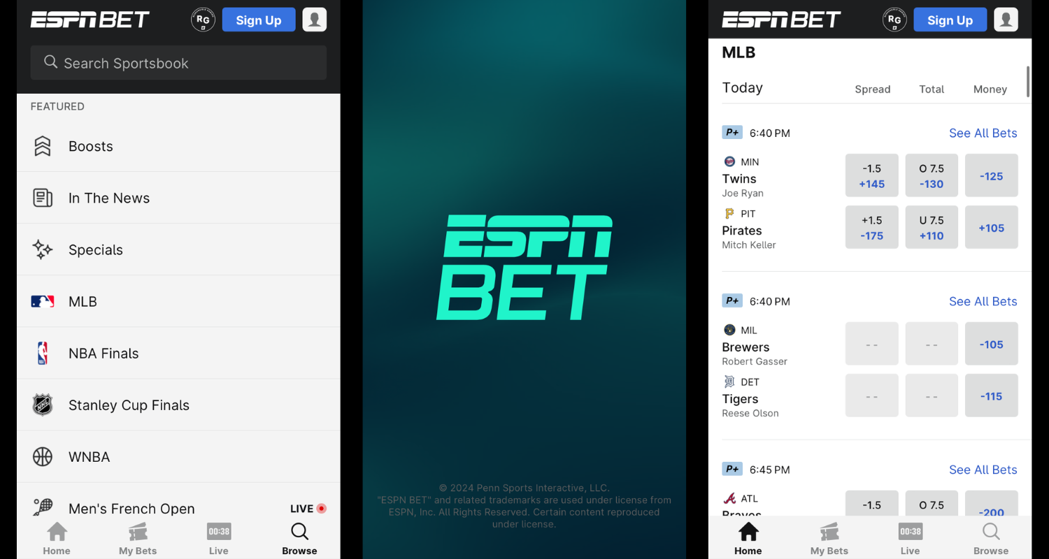 three screenshots of the ESPN BET app featuring the browse page, the loading page with the logo, and the home page with MLB lines