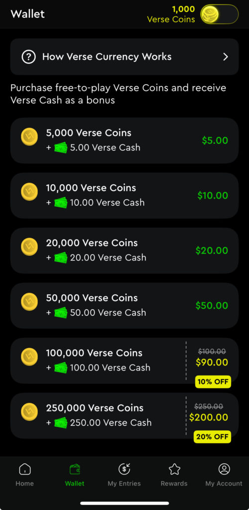 verse picks social sweepstakes gaming platform that uses dual currency system of verse coins and verse cash