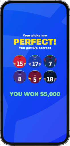 FanDuel Picks Mobile App Screenshot with $5000 winner message thanks to 6/6 correct picks