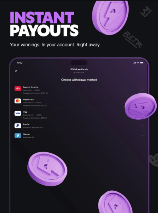 Betr predictions payment methods available on the app