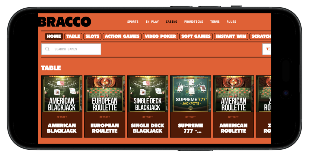 PlayBracco casino homepage on mobile.
