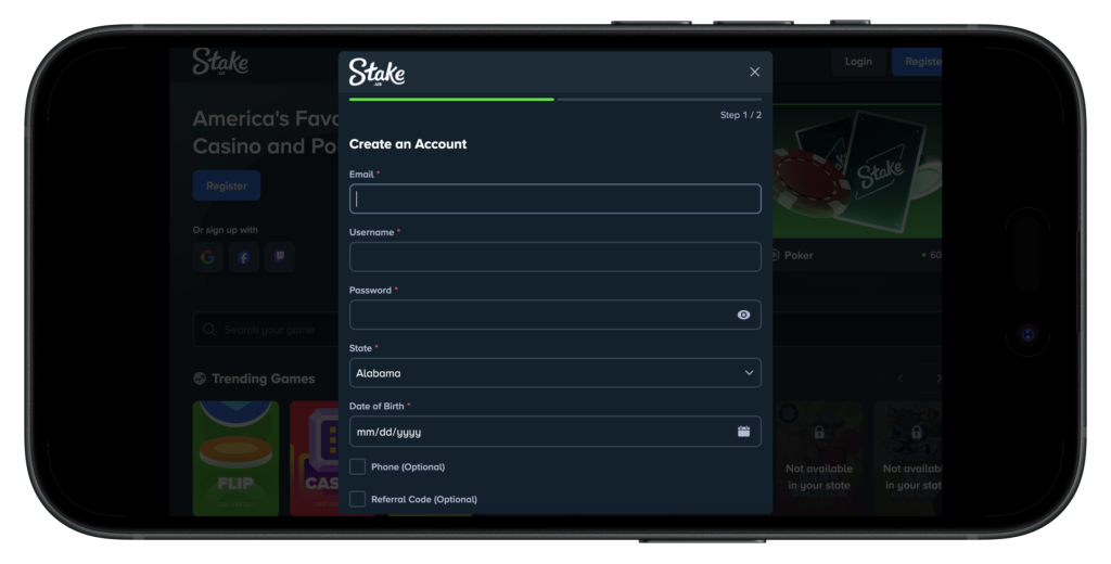 Stake.us referral code sign up prompt on mobile.