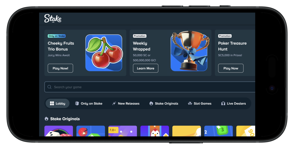 Stake.us homepage on mobile.