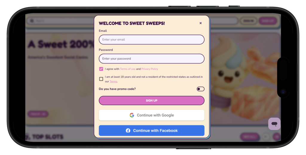 Sweet Sweeps Sign Up pop up on mobile.