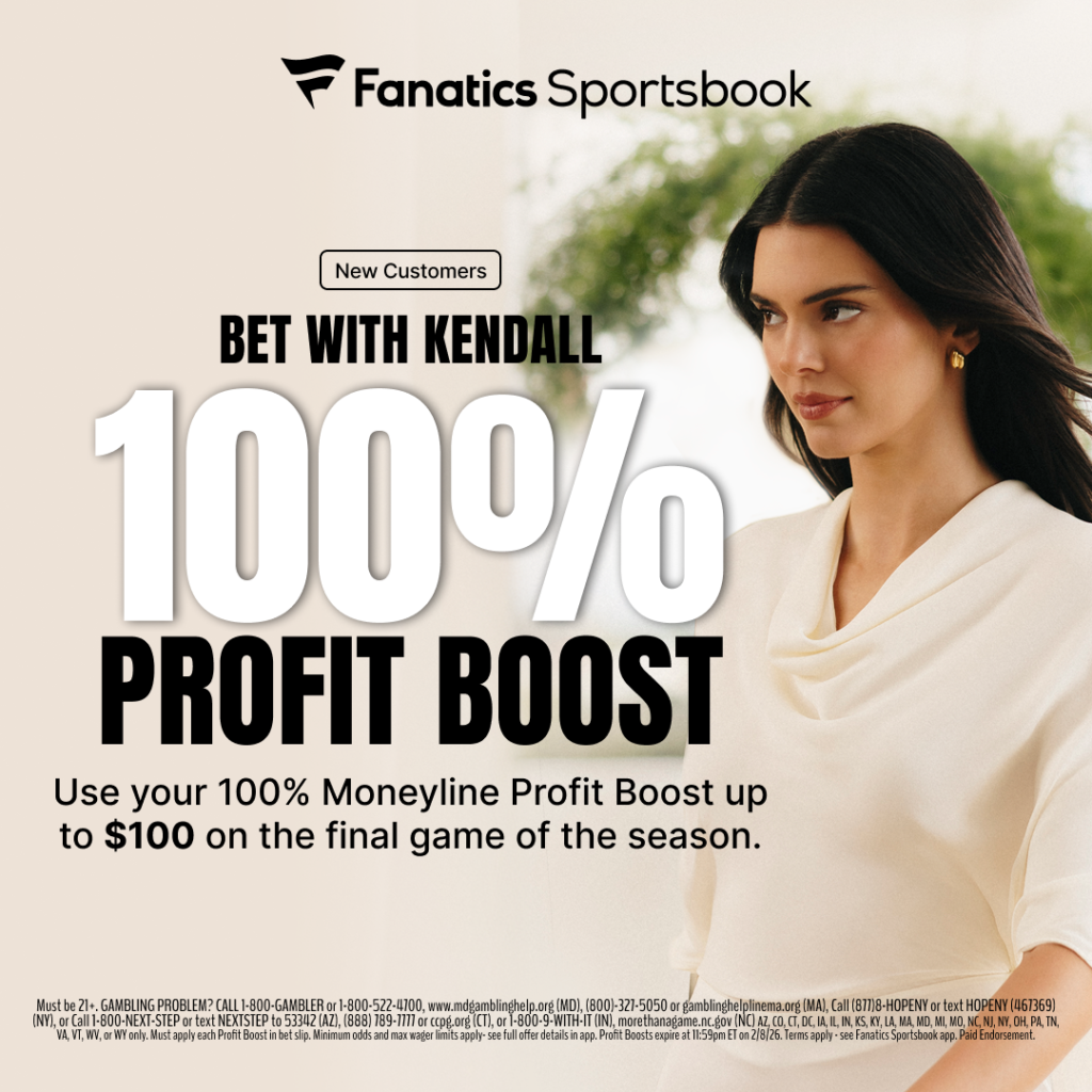 Bet with Kendall, Get a 100% Profit Boost up to $100 with code GRINDERS. Profit Boosts expire at 11:59pm ET on 2/8/26.
