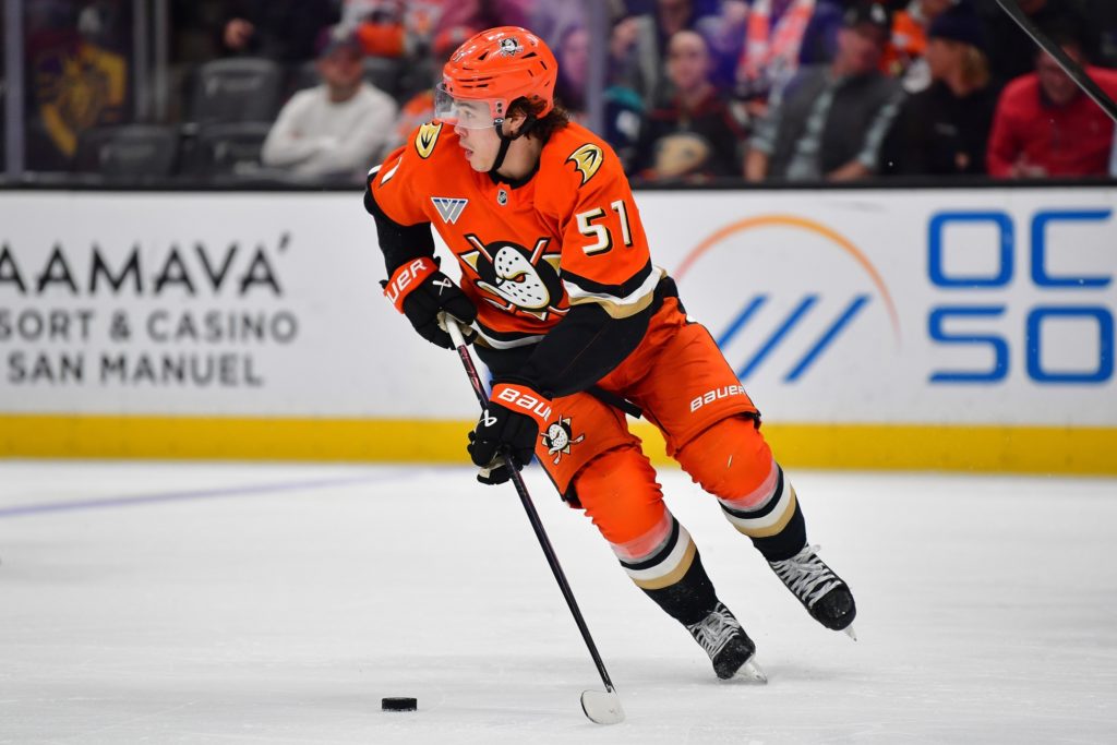 2026 Anaheim, California, USA; Anaheim Ducks defenseman Olen Zellweger (51) moves the puck against the Seattle Kraken at Honda Center. Credit: Gary A. Vasquez-Imagn Images