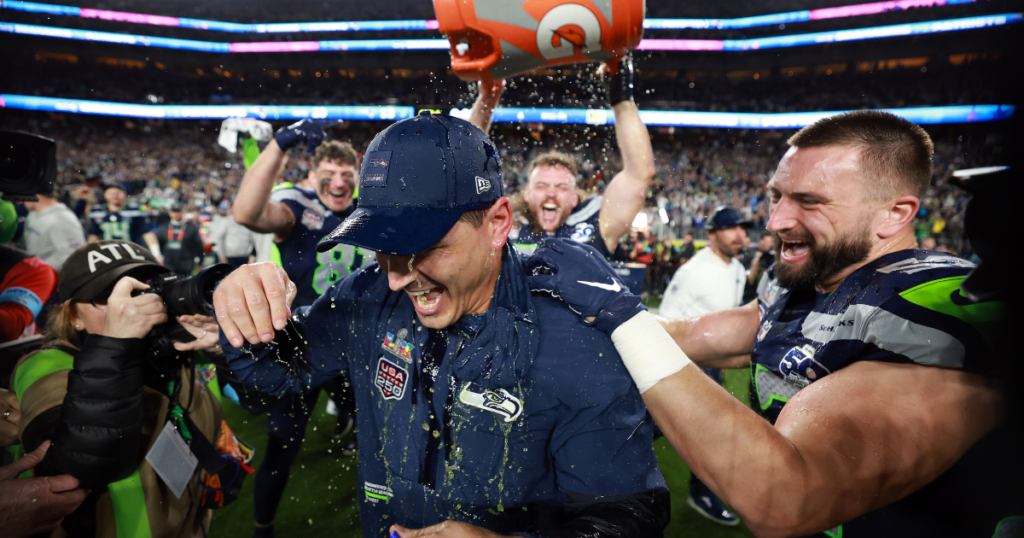 Seattle Seahawks head coach Mike MacDonald is doused with gatorade after defeating the New England Patriots in Super Bowl LX at Levi's Stadium. Mandatory Credit: Mark J. Rebilas-Imagn Images