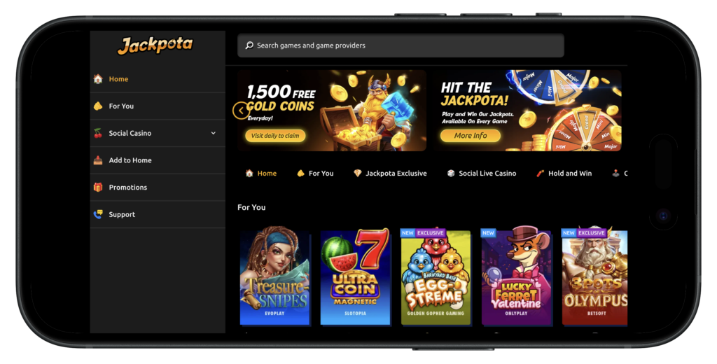 Jackpota Casino homepage navigation on mobile.