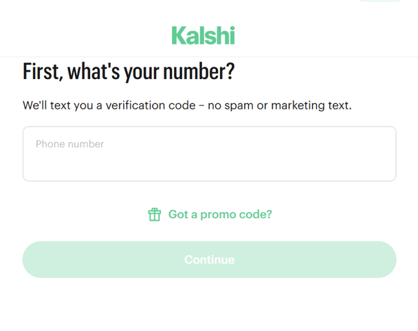Kalshi registration page asking for a phone number verification with a “Got a promo code?” option during the account sign-up process.