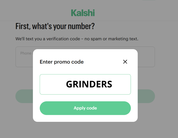 Kalshi sign-up screen showing the promo code entry window where new users can apply the Kalshi promo code GRINDERS before creating an account.