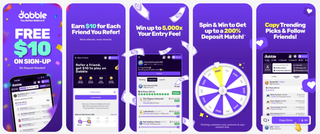 Dabble daily fantasy sports pick’em app promotion showing $10 free sign-up bonus, referral rewards, spin-to-win deposit match, and copy trending picks feature.