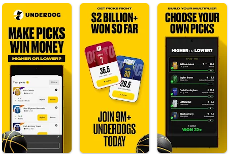 Underdog Fantasy pick’em app interface with higher or lower picks, player stats, and multiplier entries for winning real money contests