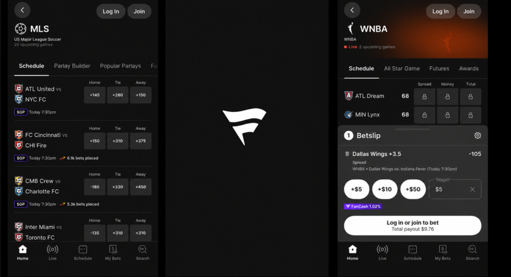three screenshot panel of the fanatics sportsbook app, featuring the app's home page, loading page, and betslip
