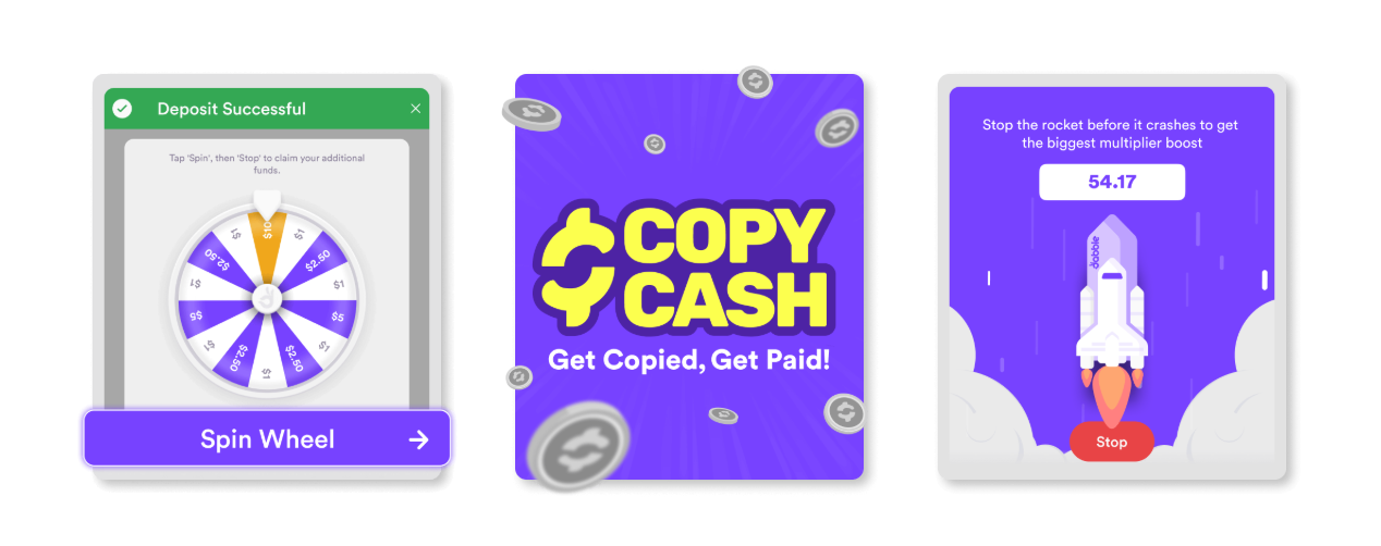 Three promotional app screens showing a spin wheel bonus after deposit, a “Copy Cash – Get Copied, Get Paid!” feature with floating coins, and a rocket multiplier game where users stop the rocket at the highest value.