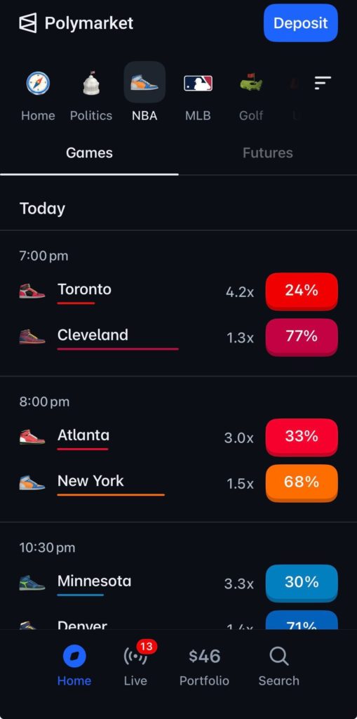 polymarket nba app screenshot