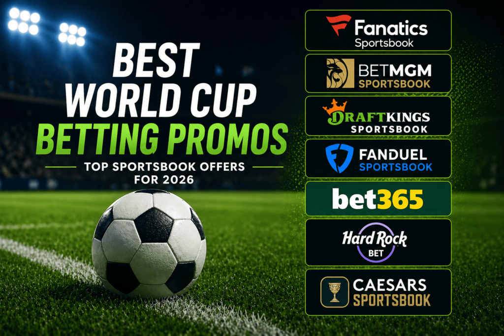 Soccer ball on a stadium field with 2026 World Cup betting promos graphic featuring major sportsbook brands and bonus offers