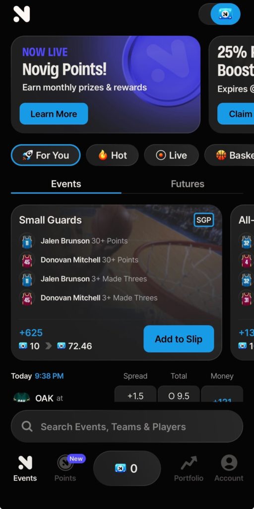 novig app home screen