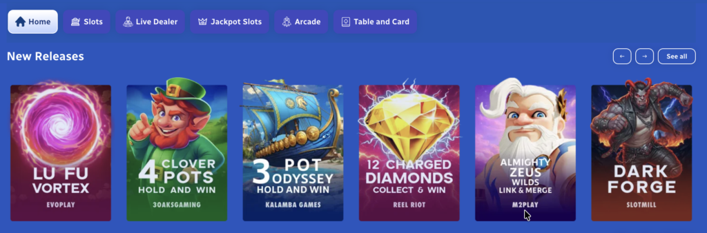 SpinBlitz game library and homepage.