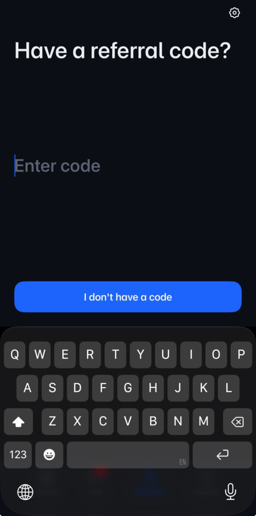 Polymarket signup screen prompting new users to enter a referral code during registration, with an option to continue without a code.