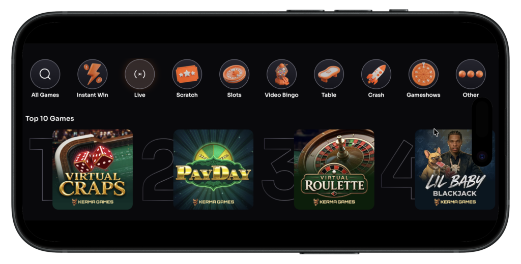 Rebet Social Casino game and homepage interface on mobile.