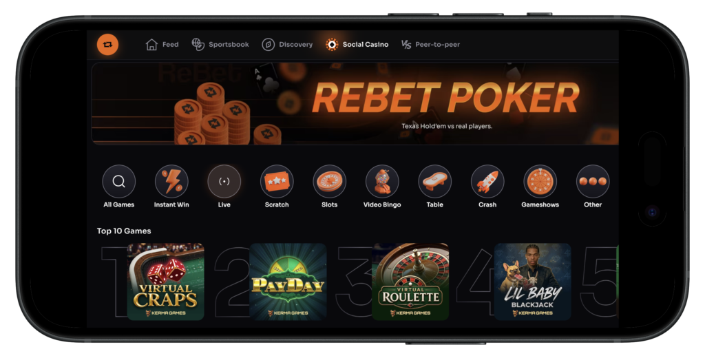Rebet Casino Games page on mobile.
