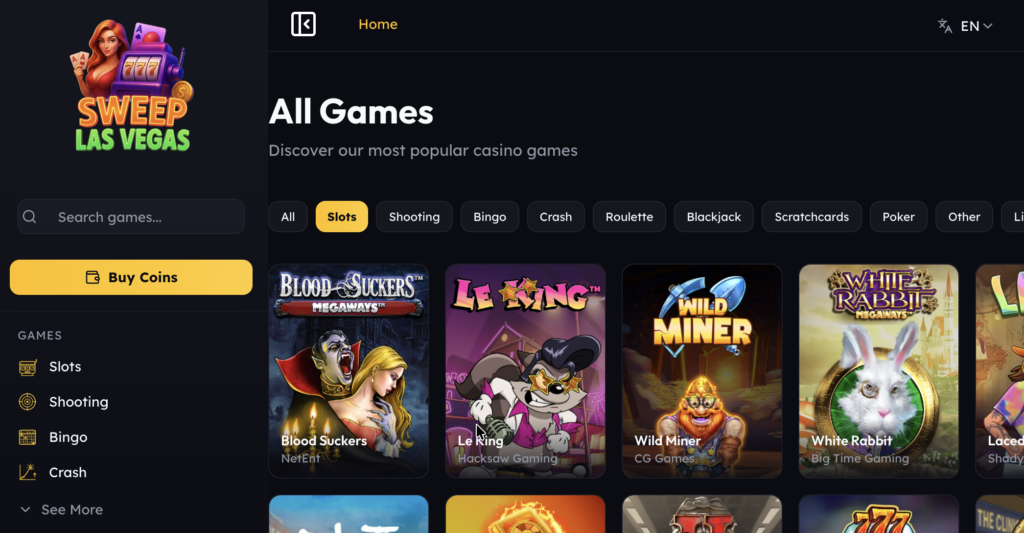 Sweep Las Vegas games on mobile desktop.