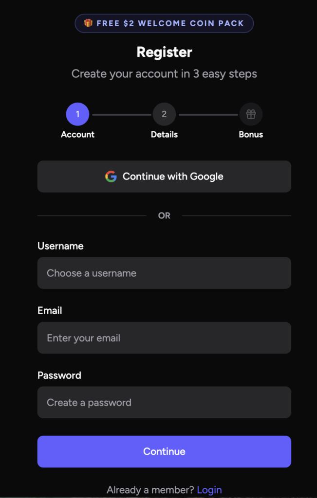 CoinsBack Casino registration prompt.
