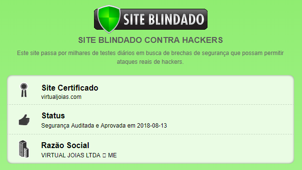 Virtual Joias é confiável: Site Blindado