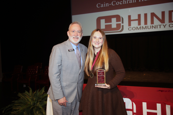 Hinds Community College student Campbell McCoy of Vicksburg was named the 2026 spring SOAR Award winner during the Feb. 19, 2026, Student Awards of Distinction ceremony on the Raymond Campus. McCoy, with Hinds President Stephen Vacik, was selected for the college's top honor by the executive leadership team from six finalists.  