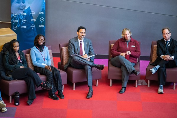 From left, SUNY Potsdam students Sadie Brown ’26, Davida Owusu-Achiaa ’27, SUNY Chancellor John B. King Jr., SUNY Potsdam President Suzanne R. Smith and SUNY Trustee Bruce Simon take part in a roundtable focused on student support on March 31.