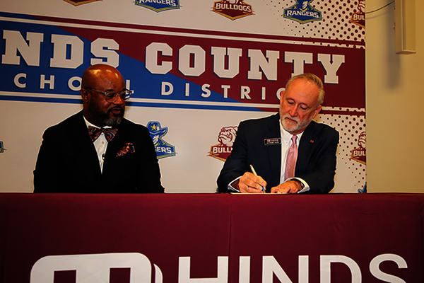 Hinds Community College President Dr. Stephen Vacik and Hinds County School District Superintendent Mitchell Shears on March 30, 2026 sign a partnership agreement to kick off  Early College Academy in the fall on the Hinds CC Utica Campus. The new program will provide up to 100 high schoolers from Terry High School and Raymond High School with a faster path to a postsecondary education and workforce readiness.   