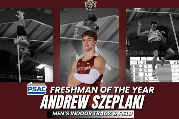 Representation of the achievement named 'Andrew Szeplaki voted PSAC Indoor Track and Field Freshman of the Year'.