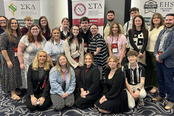 A total of 19 students and three English professors from Lindsey Wilson University attended the 2026 Sigma Tau Delta Convention in New Orleans. Pictured, alphabetically, are: faculty members Rachel Carr ’13, Kendall Sewell ’13 and Karolyn Steffens; students Morgan Bryant ’26, Sarai Collins ’27, Cadence Groce ’26, Cori Groce ’28, Madeline Hardwick ’27, Kaleb Humble ’26, Jesse LaGrange ’26, Zachariah Lawson ’26, Taylor Likens ’27, John McLean ’28, Kenzie Melton ’28, Emily Morrow ’27, Piper Samples ’27, Sarah Sonnabend ’27, Leona Smith ’27, Chloe Taylor ’26, Abigail Vanderheyden ’28, Christian Varga ’28 and Megan Whitson ’26.