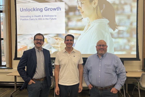 (L-R) Malcom Ellis ’26, Christopher Urban, senior vice president of growth platforms and partnerships at Dairy Management, Inc., and Dr. Broc Sandelin, dean of the School of Agriculture and Environmental Sciences.